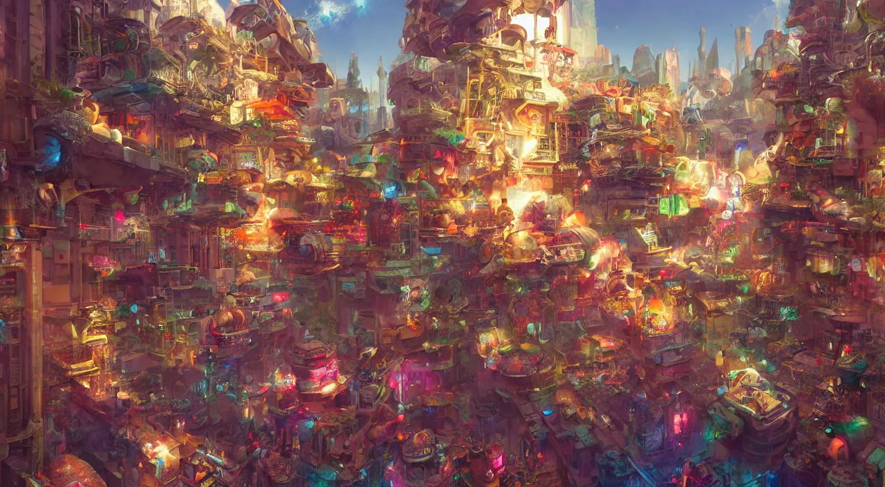 Image similar to bazaar zouk place aladin block greeble multicolorful sky shine mattepainting, street art, trending on artstation, by huang guangjian and gil elvgren and sachin teng