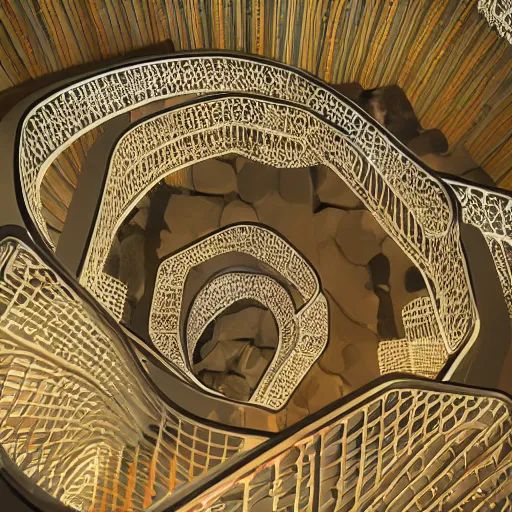 Prompt: a kaleidoscope staircase by Studio ghibli, Kentaro Miura, Hiromu Arakawa, Koyoharu Gotouge, Takeshi obata, concept art, golden ratio