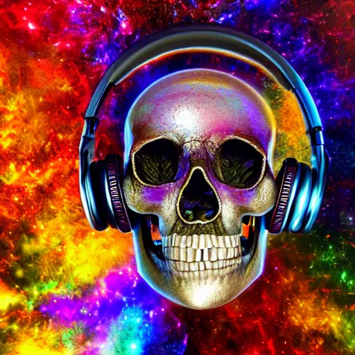 Image similar to portrait of a fantasycore glitchcore pristine skull wearing headphones. intricate abstract. intricate artwork. celestial. psychdelic. prismatic, by josephine wall, by gilbert williams, pixar, ghibli. octane render, CGSociety very coherent symmetrical artwork. cinematic, hyper realism, high detail, octane render, 8k, holographic accents