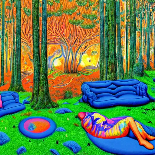 Prompt: psychedelic couch sofa in the pine forest and poplar forest, goose, milky way, designed by moebius, rob gonsalves, gustav dore, giuseppe arcimboldo and carl barks, louis wain, trending on artstation, canada, star, sharp focus, colorful refracted sparkles and lines, soft light, 8 k 4 k