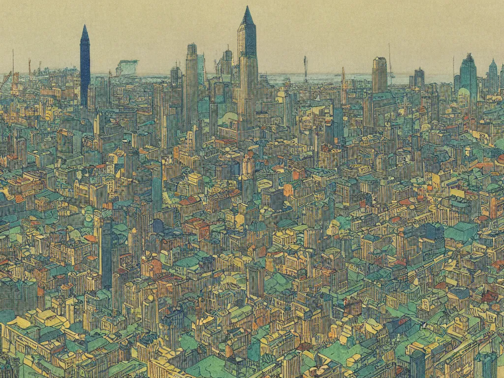 Image similar to highly detailed illustration of the milwaukee skyline, by edmund dulac and android jones, scans from museum collection