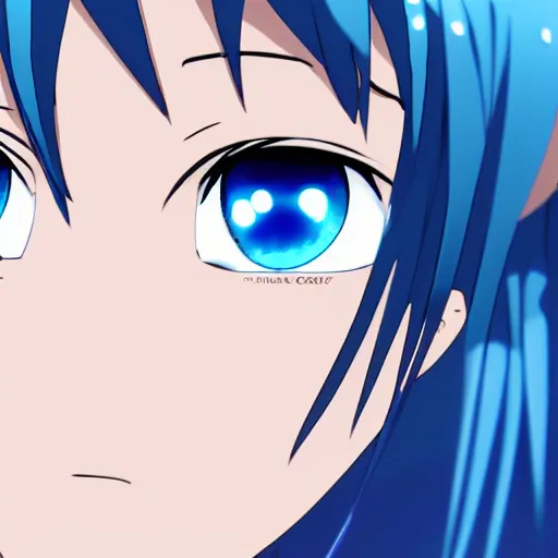 Image similar to key anime visual of a girl with glowing blue eyes; rain falling; close up shot; trending on Pixiv