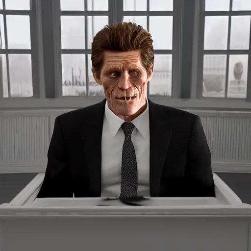 Prompt: highly detailed portrait of willem dafoe as harry osbourne becoming president of the united states, unreal engine, photo realistic, warm lighting