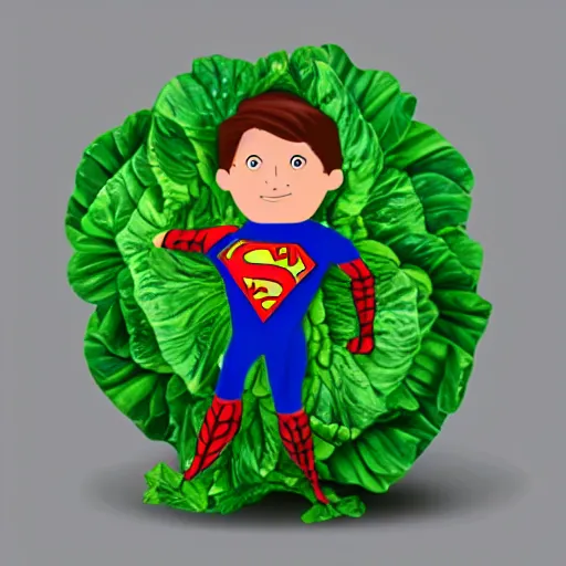 Prompt: a superhero made of cabbage with a colorful suit, photorealistic