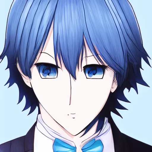 Image similar to Tall anime guy with blue eyes, blue hair wearing bordeaux shirt and white elegant jacket drawn in the style of Nanashi manga author