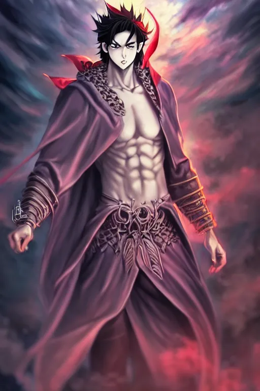 Prompt: full body handsome young demon king man only, manga style only, scenery wallpaper aesthetic, saturated pastel colors, demonic, cinematic, dramatic, powerful, super detailed and intricate, elegant, hyper realistic, 4 k render, sharp focus, by artgerm, by kyoung hwan kim, by ralph mcquarrie, by yoshiyuki tomino