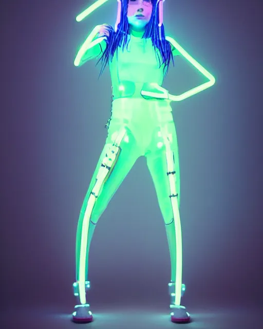 Prompt: full body shot of young punk woman dressed in futuristic cyberpunk clothing, neon light, soft diffused light, bjork aesthetic, translucent, by rineke dijkstra and artgerm, intricate details, highly detailed, masterpiece, 8 5 mm