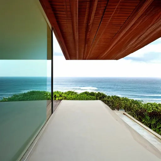 Prompt: zen minimalist modern balcony overlooking the tropical beach and sea