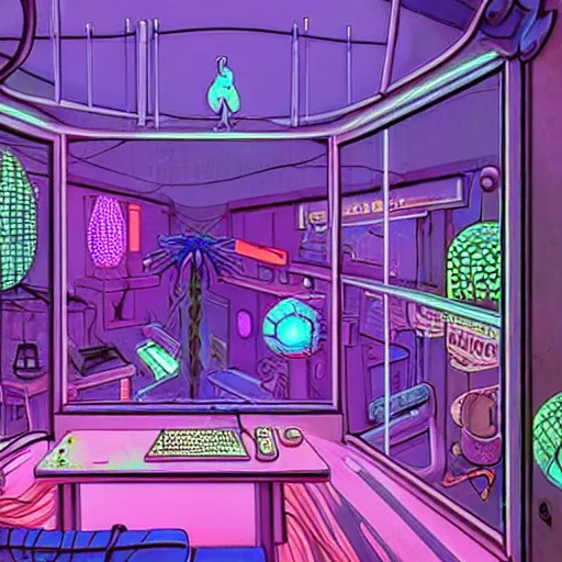 Image similar to discord room dream - 4 7, the experience of chrysalism in a cosy cluttered french sci - fi ( art nouveau ) cyberpunk street in a pastel dreamstate art cinema style. ( terrarium, computer screens, window ( street ), leds, lamp, ( ( ( piano ) ) ) ), ambient light.