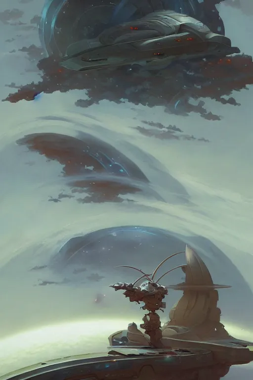 Image similar to hyoerbolic starship concept design by peter mohrbacher and craig mullins and hiroshi yoshida and james jean and frank frazetta and michael whelan and andreas rocha