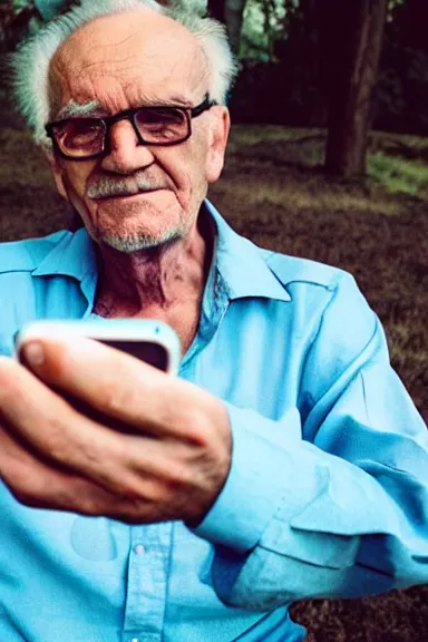 Image similar to a selfie of an old man looking down at the camera