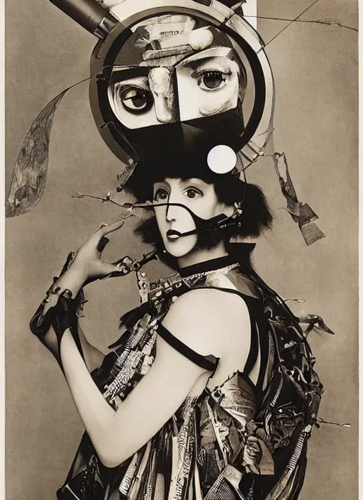 Image similar to cute punk goth fashion fractal necha girl wearing a television tube helmet and kimono made of circuits and leds, surreal Dada collage by Man Ray Kurt Schwitters Hannah Höch Alphonse Mucha Beeple