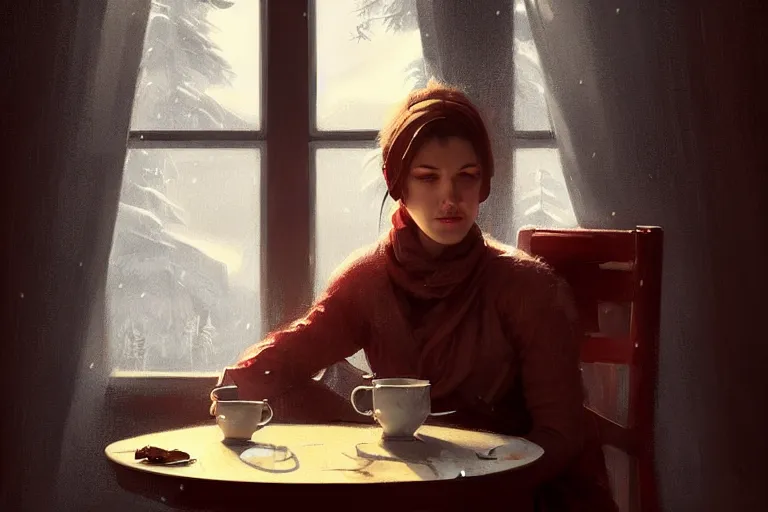 Image similar to norwegian lady drink some coffee. snow outside. hyper detailed, digital art, artstation, cinematic lighting, studio quality, smooth render, by caravaggio, artgerm, greg rutkowski, craig mullins