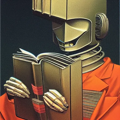 Image similar to retro dark vintage sci-fi, 2D matte illustration, robot reading a book, art by Szukalski, Beksinski