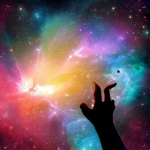 Image similar to a chimpanzee floating through outer space reaching out and touching nebula with it's finger, digital art, 8k