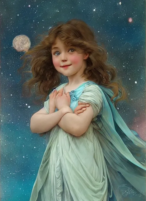 Prompt: a cute little girl with a round cherubic face, blue eyes, and short wavy light brown hair smiles as she floats in space with stars all around her. she is wearing a turquoise dress. beautiful painting by artgerm and greg rutkowski and alphonse mucha and irakli nadar