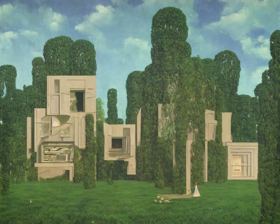 Prompt: an enchanting interstellar villa hidden in the bayou time forgot by Rene Magritte and Giovanni Paolo Panini.