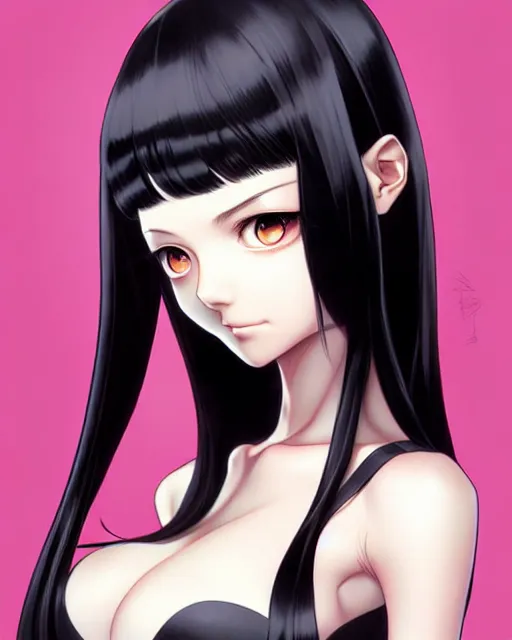 Prompt: a psychotic female student with silky long straight black hair. beautiful shadowing. art by Artgerm and Range Murata.