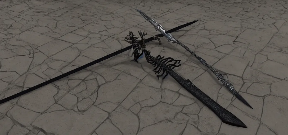 Image similar to long sword, black skeleton sword, steel, sword, crystals, engravings, forged, blacksmith product design, jewelry, art by gerald brom, greg rutkowski and artgerm and james jean and zdzisław beksinski, 8 k, unreal engine, c 4 d