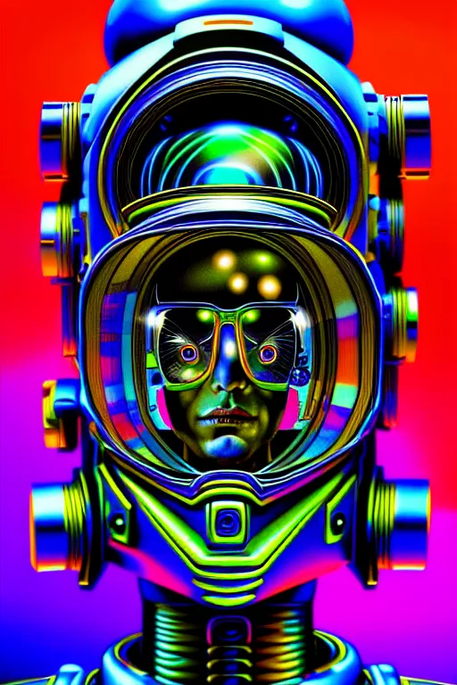 Image similar to maximalist detailed scifi robot head portrait. lowbrow scifi artwork by kidsquidy ø - cult and subjekt zero. ray tracing hdr polished sharp in visionary psychedelic fineart style inspired by beastwreck jimbo phillips and heavyhand