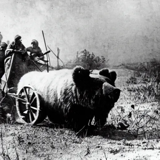 Image similar to a picture of a enormous bear pulling a towed heavy canon behind his back like a chariot, eastern front, historical picture