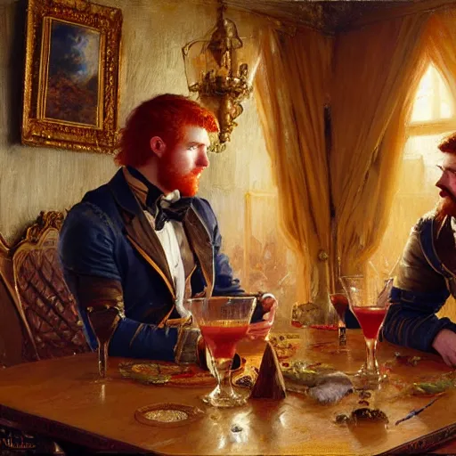 Image similar to attractive male mike with ginger hair with attractive male tyler with brunet hair, drinking their hearts out, in their noble mansion. highly defined painting, highly detailed painting by gaston bussiere, craig mullins, donato giancola 8 k