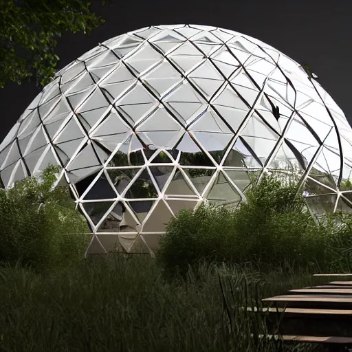 Image similar to Montreal Biosphere, geodesic dome by Buckminster Fuller, cinematic lighting, 4k, 8k