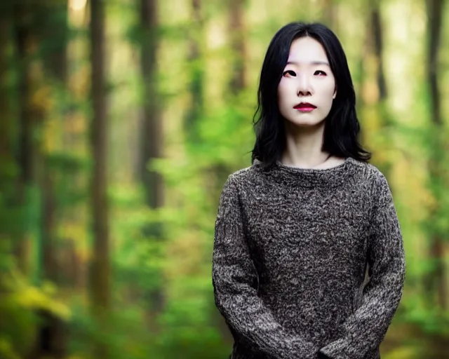 Prompt: close up portrait of an korean woman with beautiful face and modern clothes standing outside of an old cabin, forest in the background, bokeh, depth of field, dramatic lighting, cinematic, vivid colors, matte painting, vivid color scheme