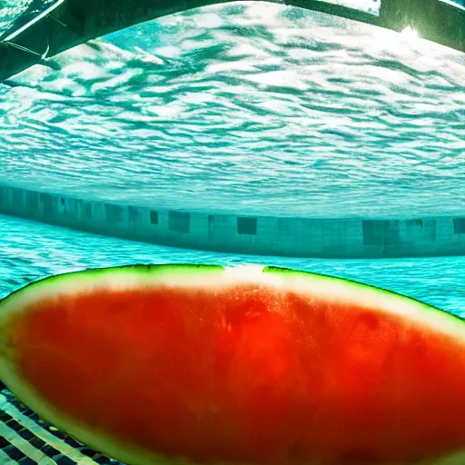 Prompt: a wide view under water in a big swimming pool of a watermelon floating on the surface