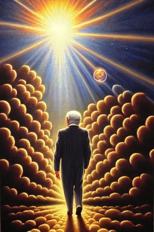 Prompt: a photorealistic detailed cinematic image of an old man with a cane walking into heaven. powerful, triumph, glory, inspiring, astonishing, met by friends and family, overjoyed, by pinterest, david a. hardy, kinkade, lisa frank, wpa, public works mural, socialist