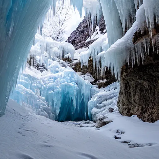 Prompt: ice cave with low ceiling and narrow rough river running through it, surreal, icicles,