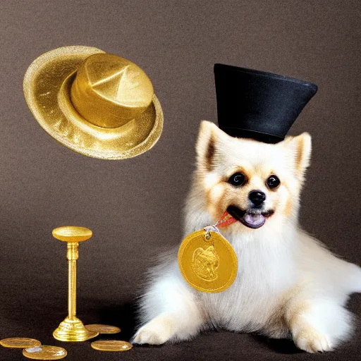 Prompt: a tan pomeranian wearing a top - hat and a monocle and sitting on large pile of featureless gold coins