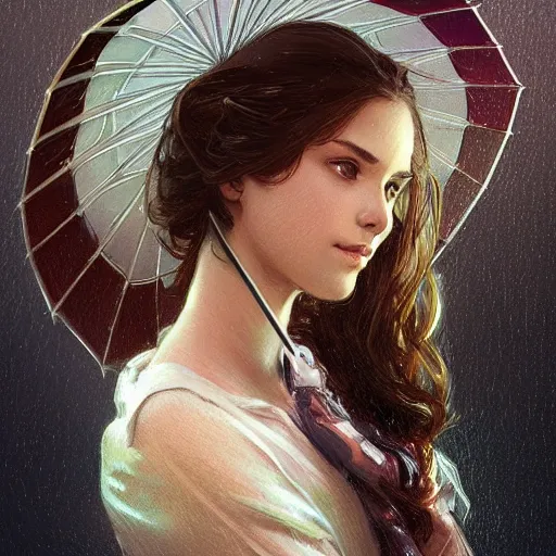 Image similar to portrait of a young woman holding an umbrella, raining, at night, looking sad, intricate, headshot, highly detailed, digital painting, artstation, concept art, sharp focus, cinematic lighting, illustration, art by artgerm and greg rutkowski, alphonse mucha, cgsociety