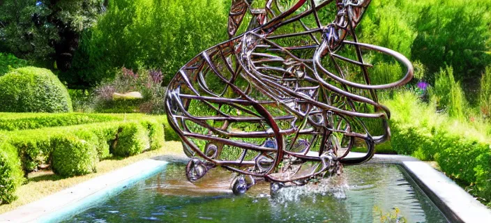 Image similar to bronze fountain, dna helix, in a garden in provence