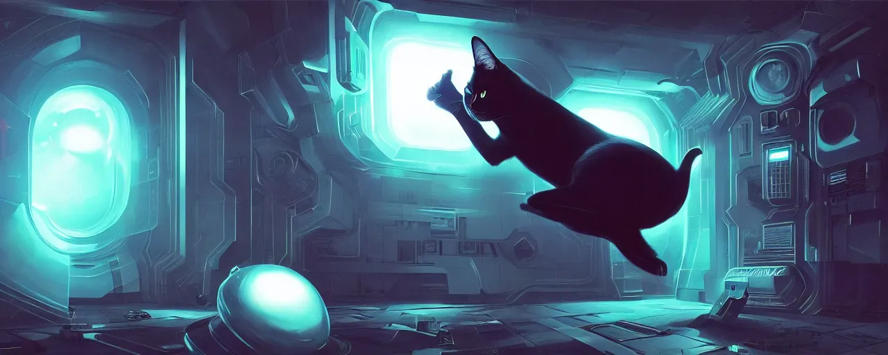 Image similar to duotone noir scifi concept illustration of black cat inside box zero gravity glowing 3 d mesh quantum portals, glowing eyes, octane render, surreal atmosphere, volumentric lighting. accidental renaissance. by sachin teng and sergey kolesov and ruan jia and heng z. graffiti art, scifi, fantasy, hyper detailed. trending on artstation