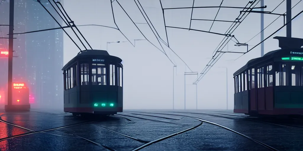 Image similar to tram on the viaduct ， foggy ， tyndall effect ， blade runner 2 0 4 9, 4 k resolution, ultra wide angle, cinematic, octane render