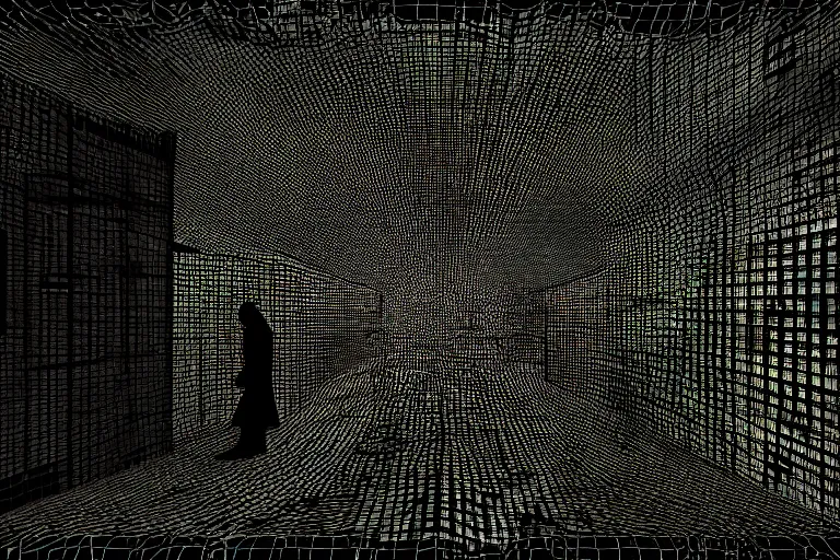 Image similar to cctv of an extremely dark infinite never ending ikea, dark deep black shadows, in the style of trevor henderson and james ensor goya, liminal space, 3 d render, glitch effect