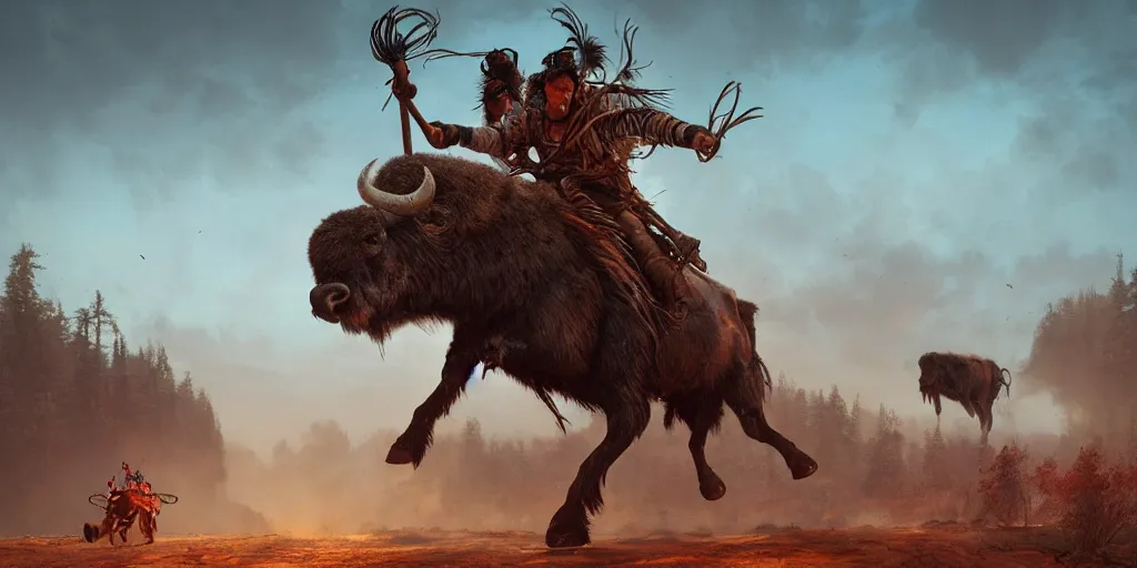 Image similar to buffalo chase ,native indian on ancient wood atv, attacking, action scene, an epic fantasy, dramatic lighting, cinematic, establishing shot, extremely high detail, photorealistic, cinematic lighting, artstation, octane render, by simon stalenhag, horizon forbidden west and futuristic western