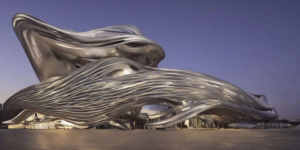 Image similar to extremely detailed ornate stunning sophisticated beautiful elegant futuristic museum exterior by Zaha Hadid, stunning volumetric light, stainless steal, concrete, translucent material, beautiful sunset, tail lights