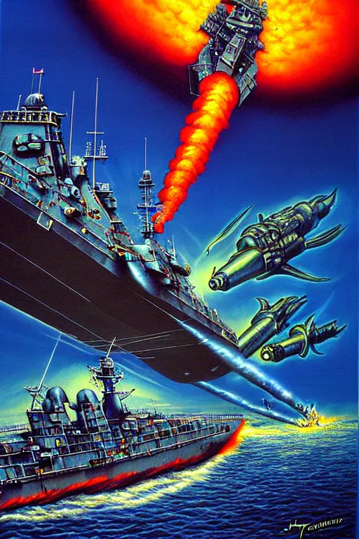 Prompt: a hyperrealistic painting of a battle ship firing at monster taking over city, cinematic horror by jimmy alonzo, the art of skinner, chris cunningham, lisa frank, richard corben, highly detailed, vivid color,