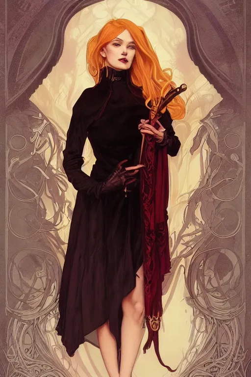 Prompt: female occultist, sweeping wild blonde hair, red eyes, portrait, high cheekbones, smug, evil, Victorian, black velvet dress, dark colors, ruby jewelry, fantasy painting, trending in Artstation, GSociety, by Alphonse Mucha, Charlie Bowater, Brom