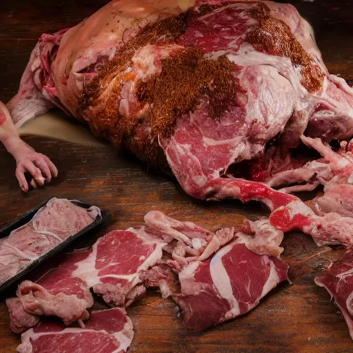 Prompt: an 8 k uhd digital photo of a zombie with crumpled on the bathroom floor showing meat over a pile of meat and tendon