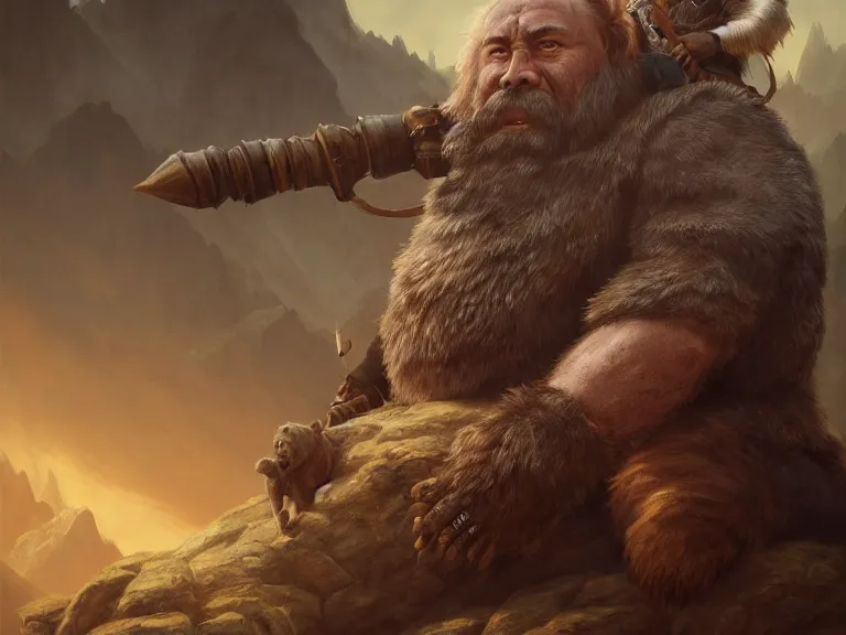 Prompt: High Fantasy Dwarf sits on Grizzly Bear, RPG Portrait, Oil Painting, Trending on Artstation, octane render, Insanely Detailed, 8k, HD