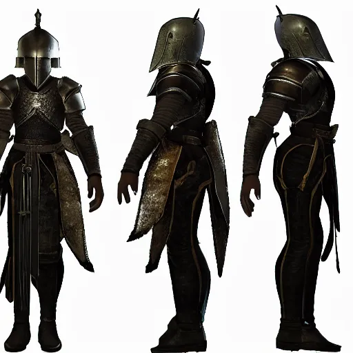 Image similar to RPG game character sheet for a character that looks like a knight, wearing armor, HDR, 4k, 8k, extremely detailed, final fantasy style, includes 4 different angles of the character