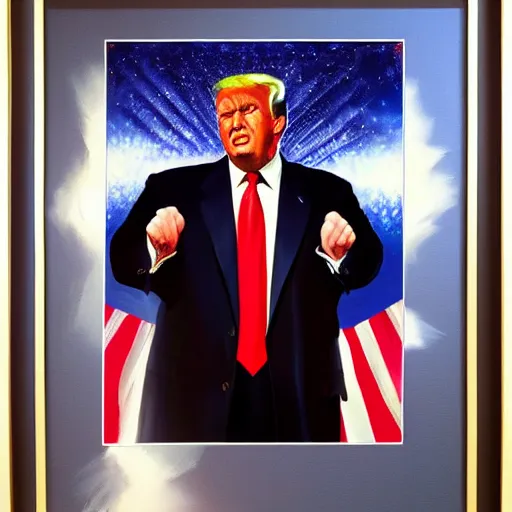 Prompt: alex ross painting of donald trump, sun rays, glorious, victory, usa, heroic