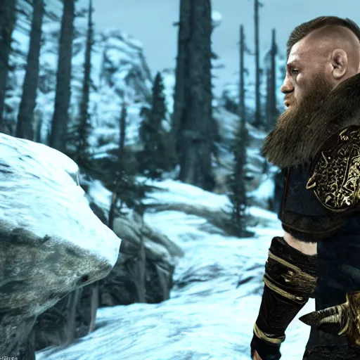 Prompt: attacking screenshot of conor mcgregor in skyrim, elf armor, ps 3 graphics, npc talking, wilderness, 1 0 8 0 p, bokeh, elder scrolls v, detailed, dialog text