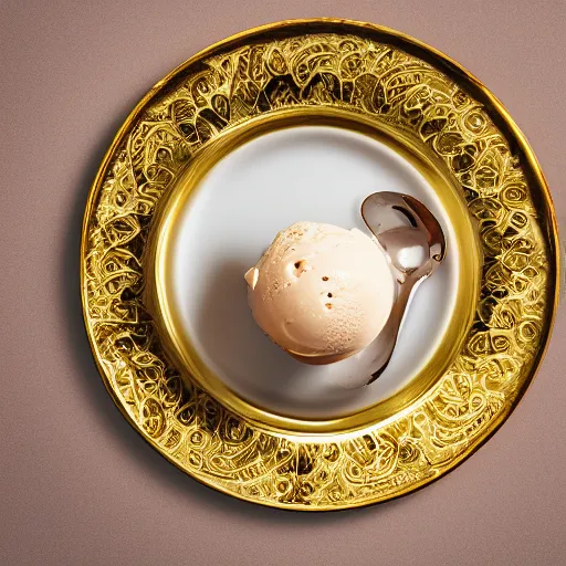 Image similar to ultra realistic photo of a cup of ice cream in golden cup with rich details and luxury plates