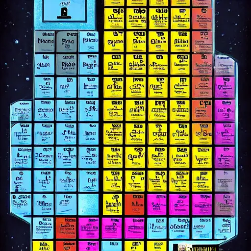 Image similar to Poster of a crazy periodic table from a different universe in the style of portal2, digital art, astonishing great details, award winning, high res