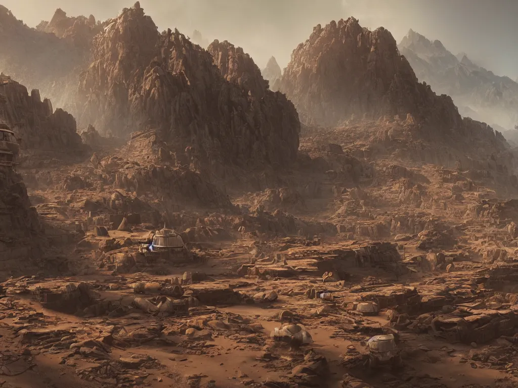 Prompt: Dharamshala!!!!! on Mars!, exterior wide shot, volumetric, epic, cinematic, highly detailed, intricate, by Raphael Lacoste, Eddie Mendoza, Alex Ross, Pilar Gogar, matte painting, 8K HDR