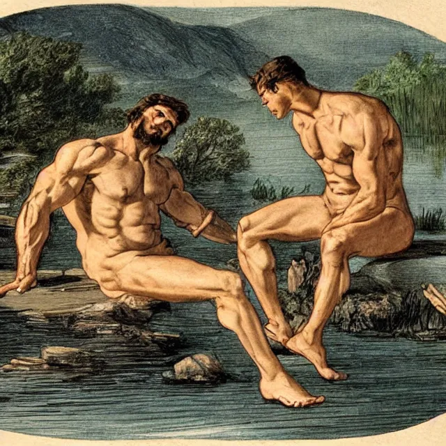 Prompt: muscular greek god sitting by a lake, vintage illustration